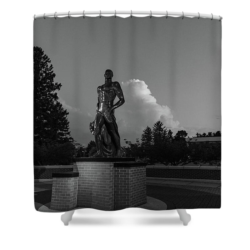 Spartan Staue Night Shower Curtain featuring the photograph Spartan statue at night on the campus of Michigan State University in East Lansing Michigan #27 by Eldon McGraw