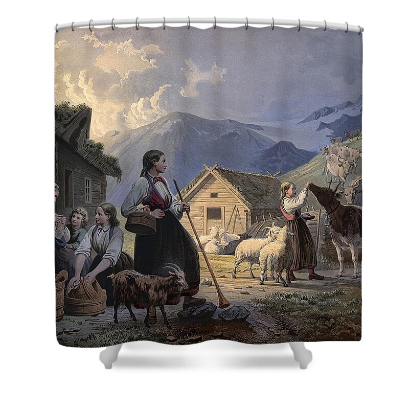 Knud Bergslien Shower Curtain featuring the painting An evening at the hut of the cow-herdesses by Knud Bergslien by Mango Art