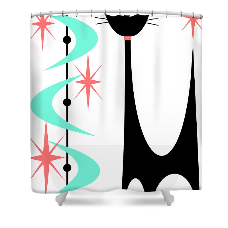 Mid Century Modern Shower Curtain featuring the digital art Atomic Cat Aqua and Pink by Donna Mibus