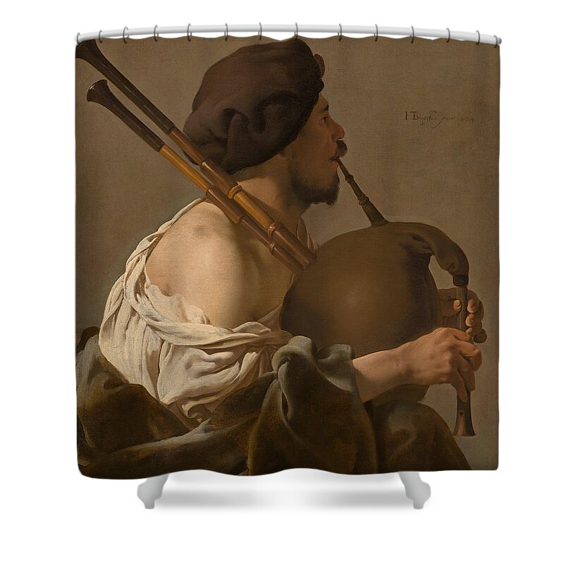 Hendrick Ter Brugghen Shower Curtain featuring the painting Bagpipe Player #3 by Hendrick ter Brugghen
