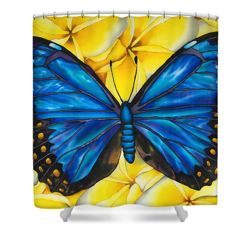 Frangipani Flower Shower Curtain featuring the painting Blue morpho Butterfly #2 by Daniel Jean-Baptiste