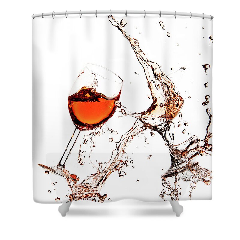 Damaged Shower Curtain featuring the photograph Broken wine glasses with wine splashes on a white background by Michalakis Ppalis