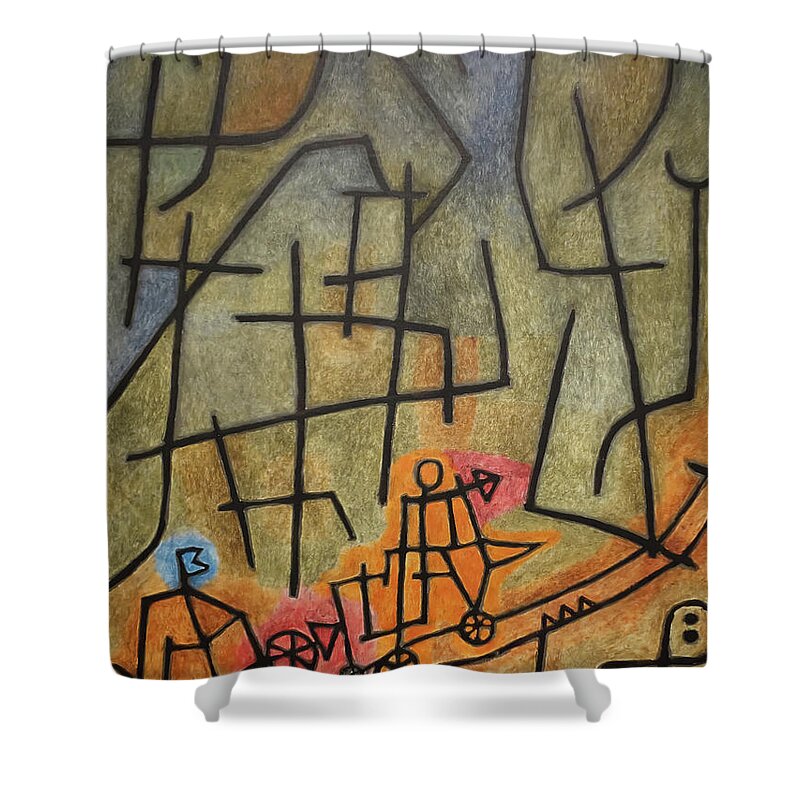 Paul Klee Shower Curtain featuring the painting Conquest of the Mountain by Paul Klee by Mango Art