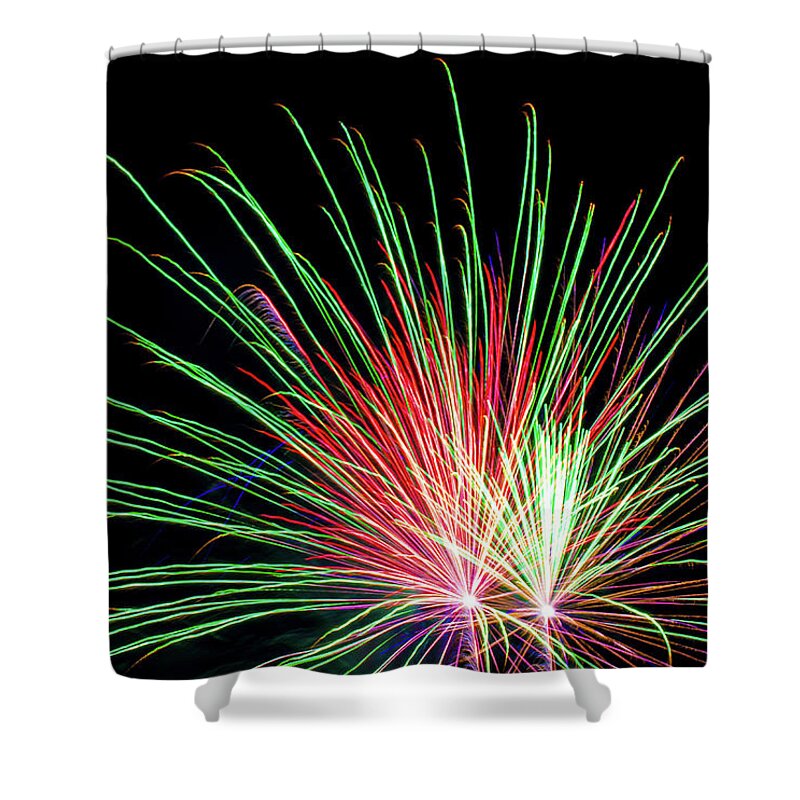 Fireworks Romeoville Illinois Green Red Shower Curtain featuring the photograph Fireworks in Romeoville, Illinois #3 by David Morehead