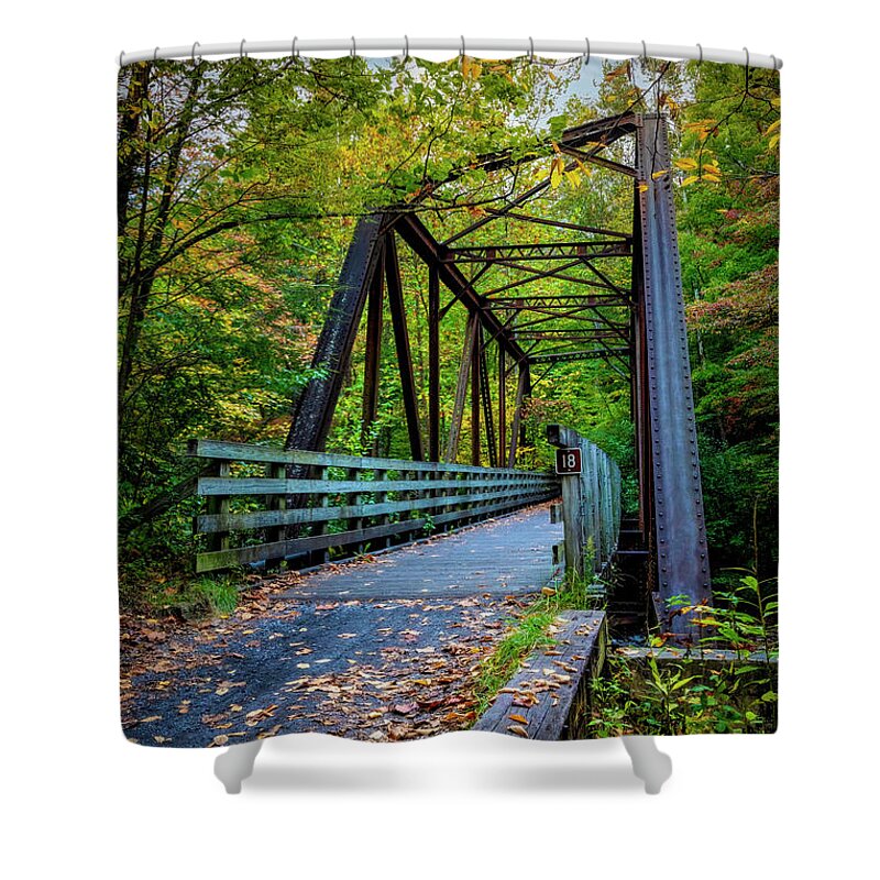 Fall Shower Curtain featuring the photograph Historic Railroad Trestle Bridge Creeper Trail Damascus Virginia #3 by Debra and Dave Vanderlaan