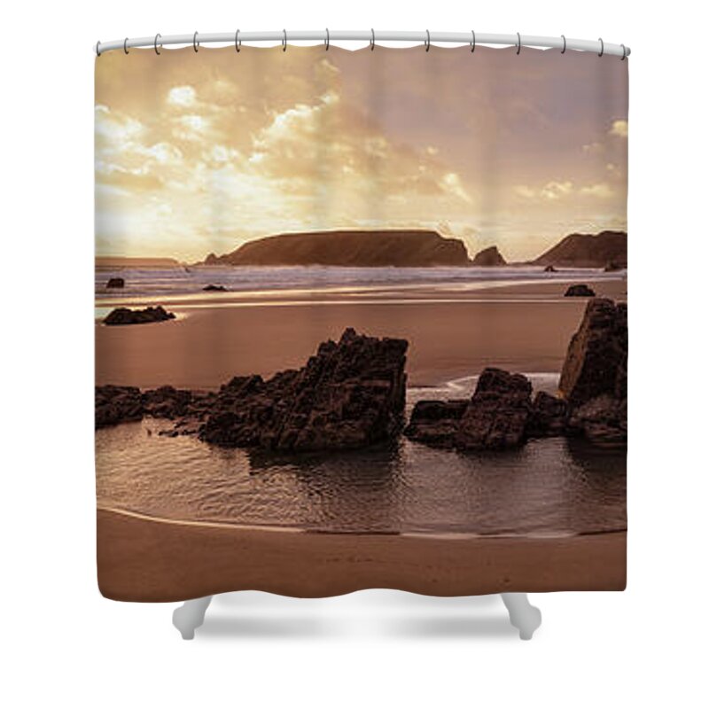 Panorama Shower Curtain featuring the photograph Marloes Sands Beach Sunset Pembrokeshire Coast Wales #3 by Sonny Ryse