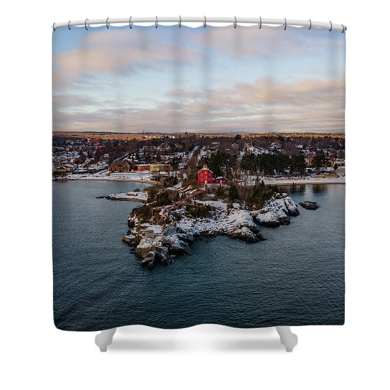 Lighthouse Shower Curtain featuring the photograph Marquette Harbor Lighthouse along Lake Superior in Marquette Michigan in the winter #3 by Eldon McGraw