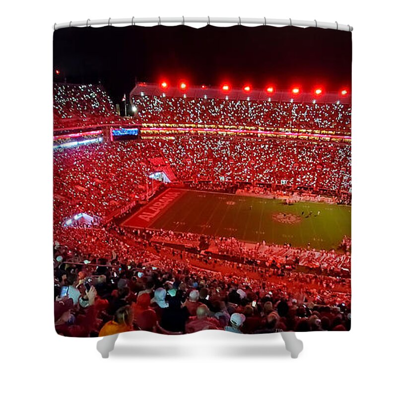 Gameday Shower Curtain featuring the photograph Night Panorama Bryant-Denny Stadium #4 by Kenny Glover