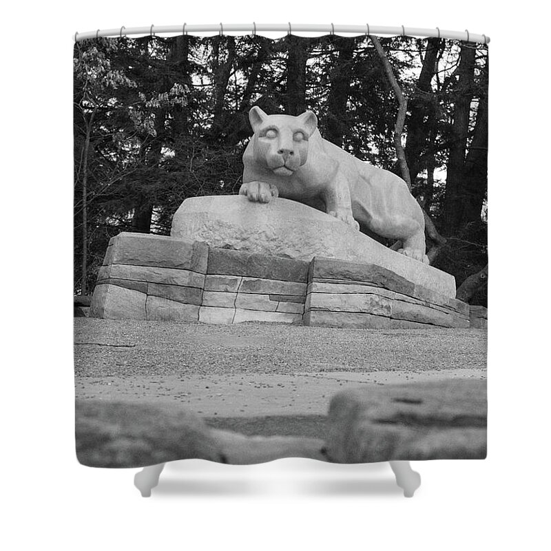 State College Pennsylvania Shower Curtain featuring the photograph Nittany Lion Shrine at Penn State University in black and white #3 by Eldon McGraw