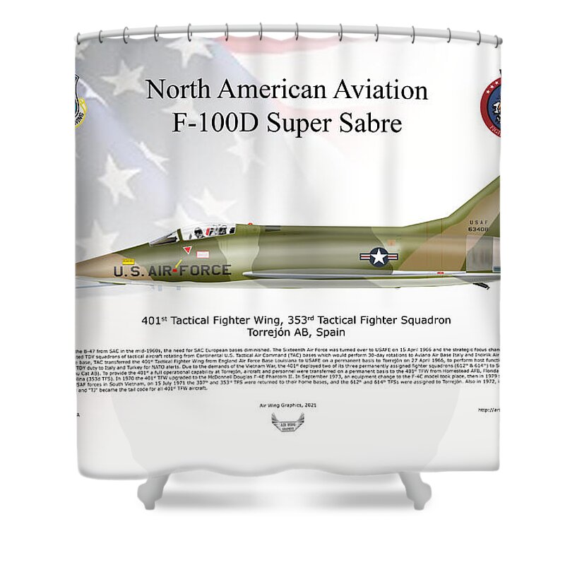 North American Aviation Shower Curtain featuring the digital art North American Aviation F-100D Super Sabre FLAG BACKGROUND by Arthur Eggers