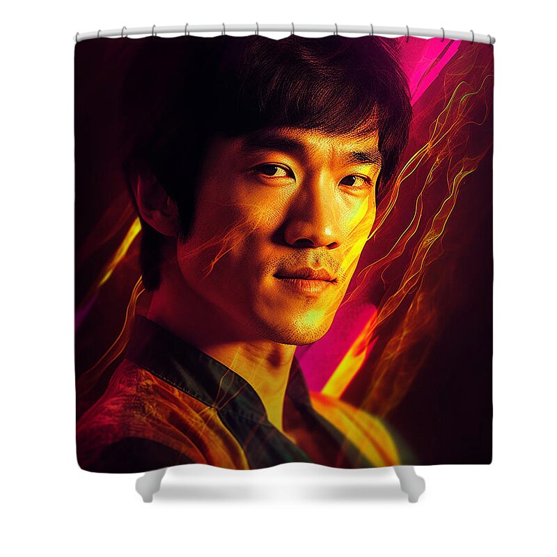 Portrait Of Bruce Lee  Surreal Cinematic Minima Art Shower Curtain featuring the painting Portrait of Bruce Lee  Surreal Cinematic Minima by Asar Studios #3 by Celestial Images