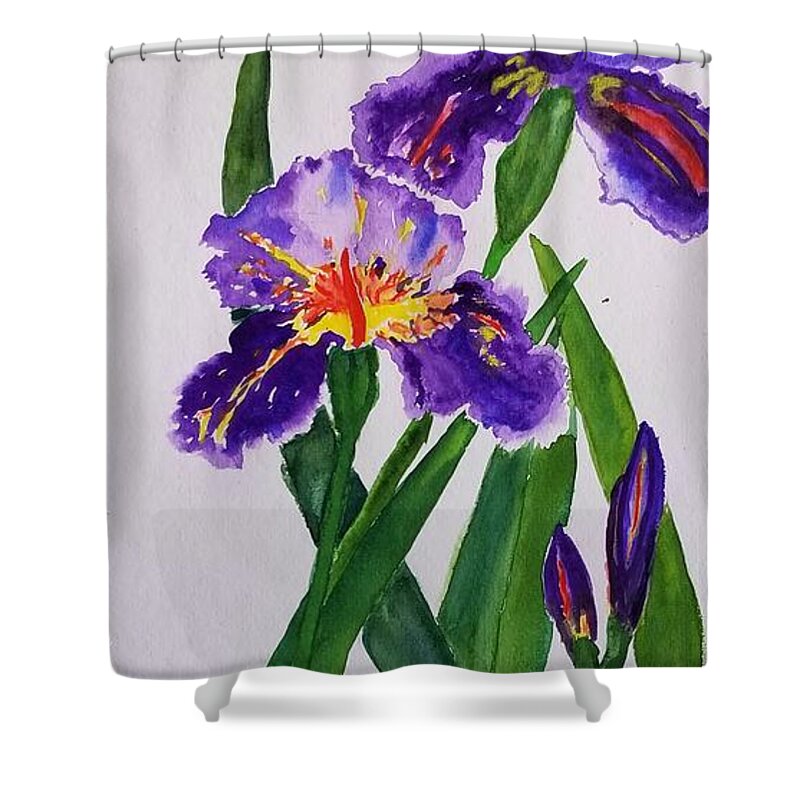 Purple Iris Shower Curtain featuring the painting 3 Purple Irises by Ann Frederick