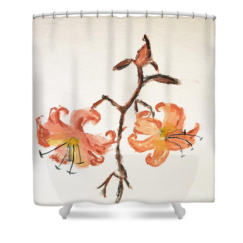 Orange Flower Shower Curtain featuring the painting Tiger Lily #3 by Margaret Welsh Willowsilk
