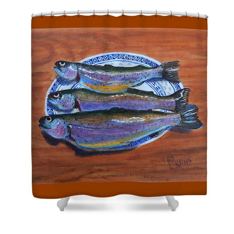 Trout Shower Curtain featuring the painting 3 Trout on a Plate by Mike Kling