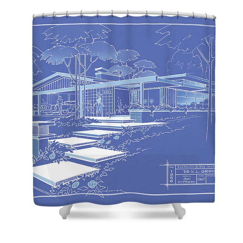 Mid Century Shower Curtain featuring the drawing 301 Cypress Drive - reverse by Larry Hunter