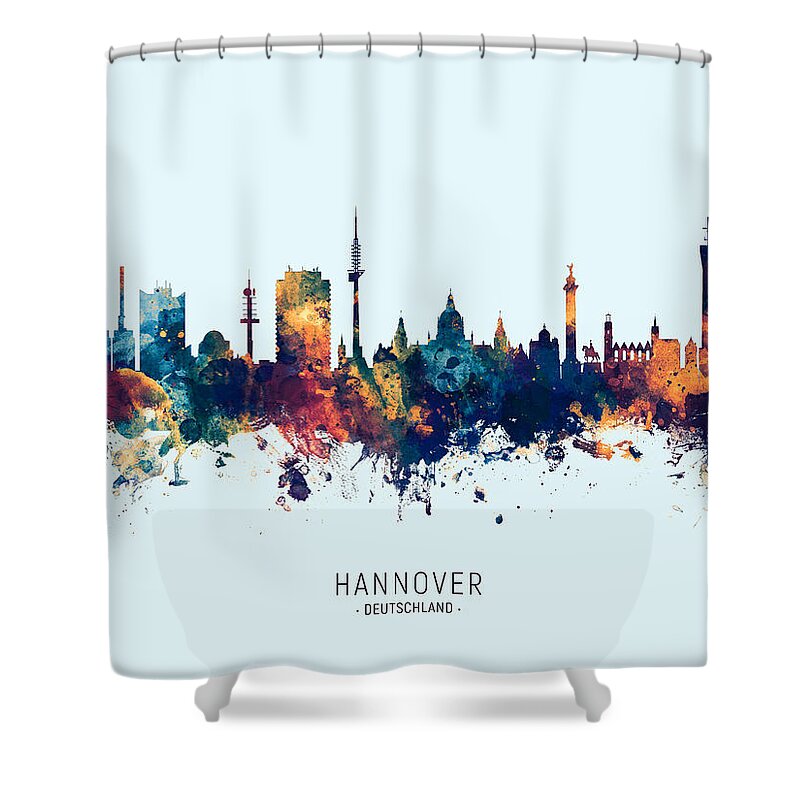 Hannover Shower Curtain featuring the digital art Hannover Germany Skyline by Michael Tompsett
