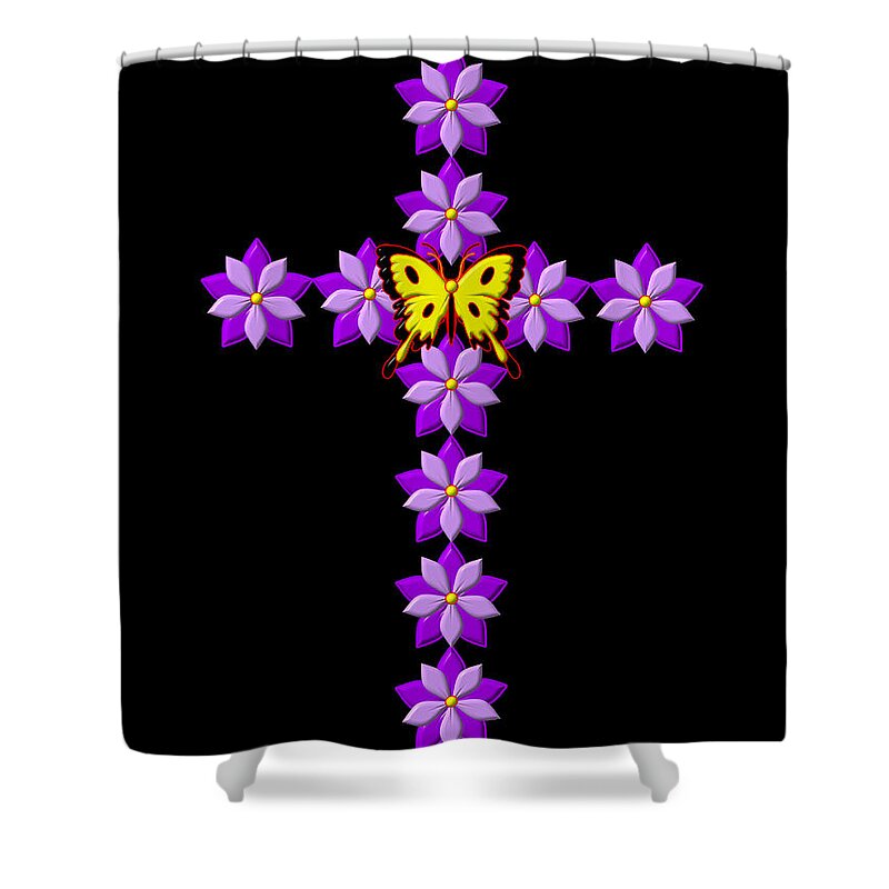 3d Look Flowers And Butterfly Easter Sunday Resurrection Cross Shower Curtain featuring the digital art 3D Look Flowers and Butterfly Easter Sunday Resurrection Cross by Rose Santuci-Sofranko