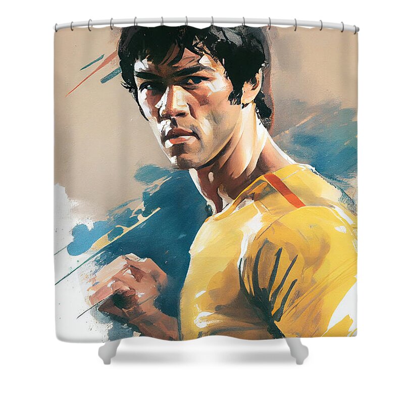 A Painting Of Bruce Lee In Yellow And Blue Art Shower Curtain featuring the digital art a painting of bruce lee in yellow and blue by Asar Studios #4 by Celestial Images