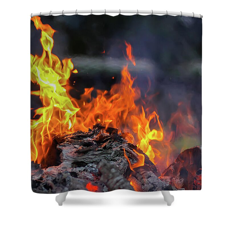 Bonfire Shower Curtain featuring the photograph Bonfire at a camp in summer evening outdoors #4 by Olga Strogonova