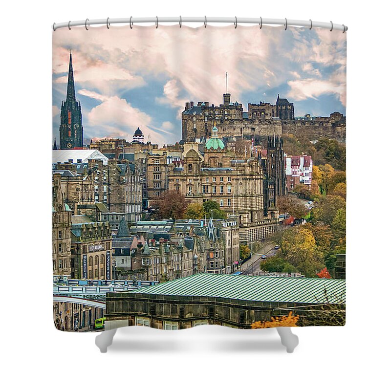 City Of Edinburgh Shower Curtain featuring the digital art City of Edinburgh Scotland by SnapHappy Photos