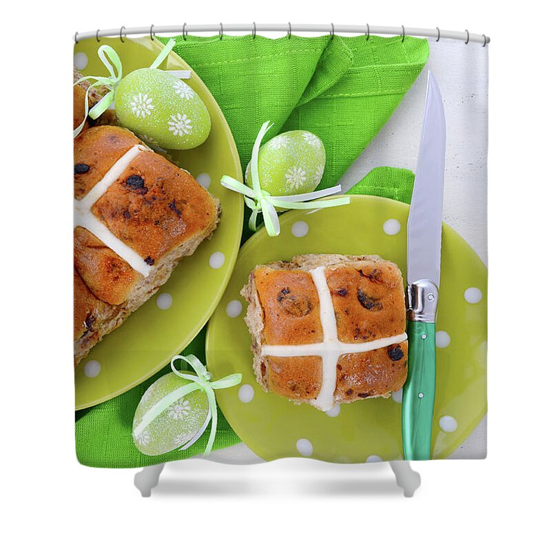 Background Shower Curtain featuring the photograph Easter Fruit Hot Cross Buns #4 by Milleflore Images