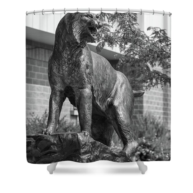 Montana State University Shower Curtain featuring the photograph Montana State University Bobcat statue in black and white #4 by Eldon McGraw