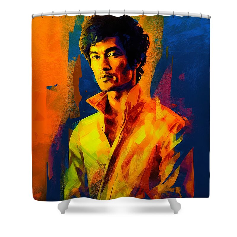 Portrait Of Bruce Lee  Surreal Cinematic Minima Art Shower Curtain featuring the painting Portrait of Bruce Lee  Surreal Cinematic Minima by Asar Studios #4 by Celestial Images
