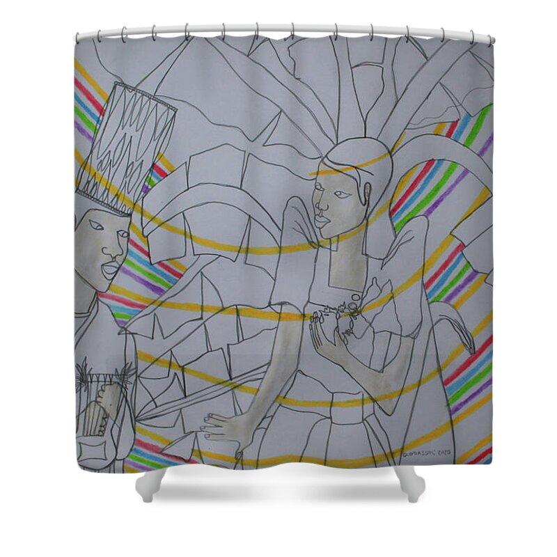 Jesus Shower Curtain featuring the painting Kintu and Nambi #407 by Gloria Ssali