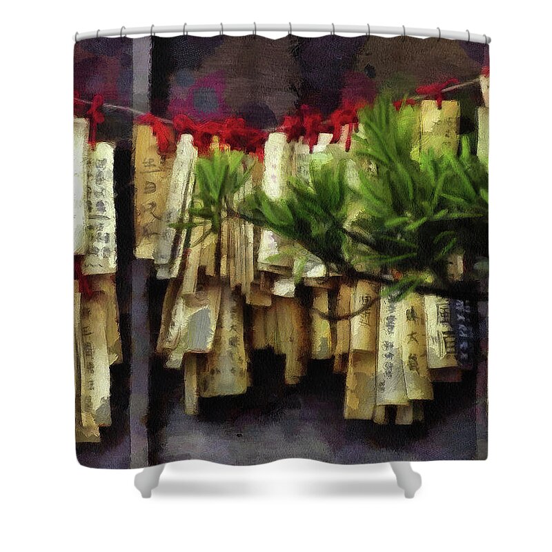Architecture Shower Curtain featuring the mixed media 424 Prayer Flag Wall, Hinoki Village, Chiaya City, Taiwan by Richard Neuman Architectural Gifts