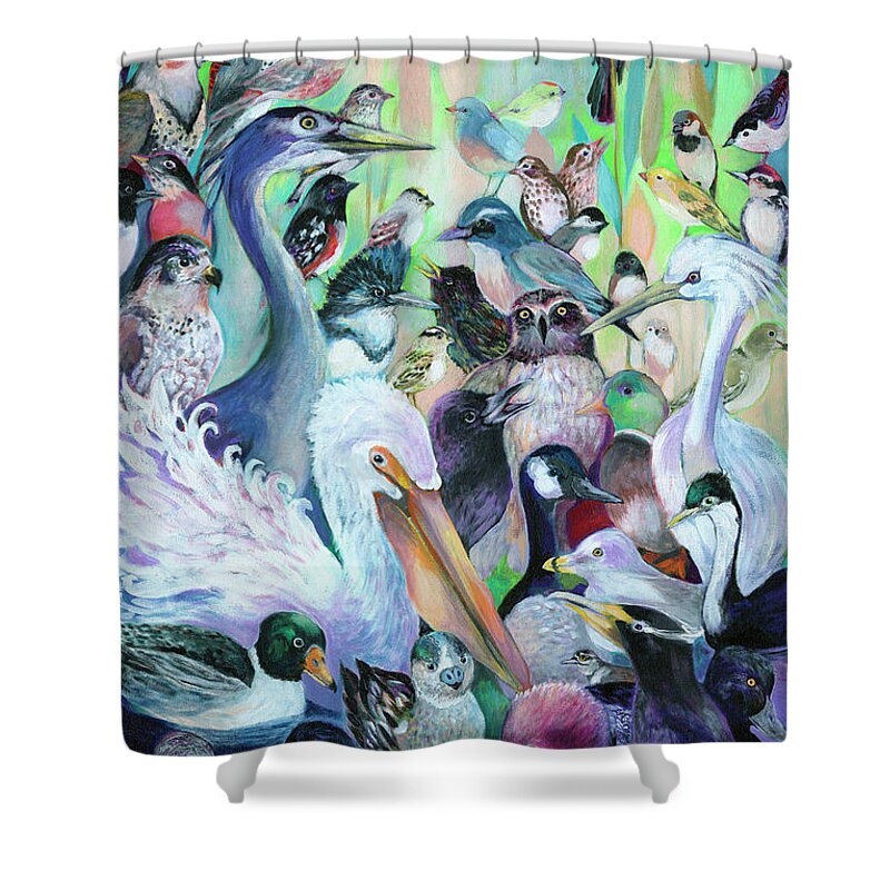 Bird Shower Curtain featuring the painting 44 Birds by Jennifer Lommers