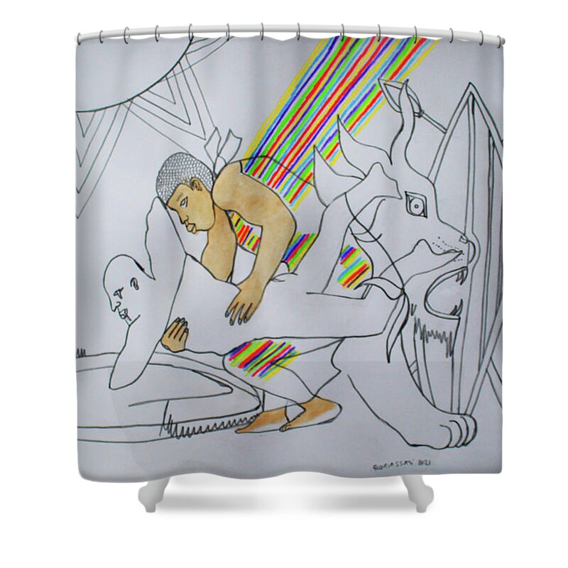 Jesus Shower Curtain featuring the painting Kintu and Nambi #498 by Gloria Ssali