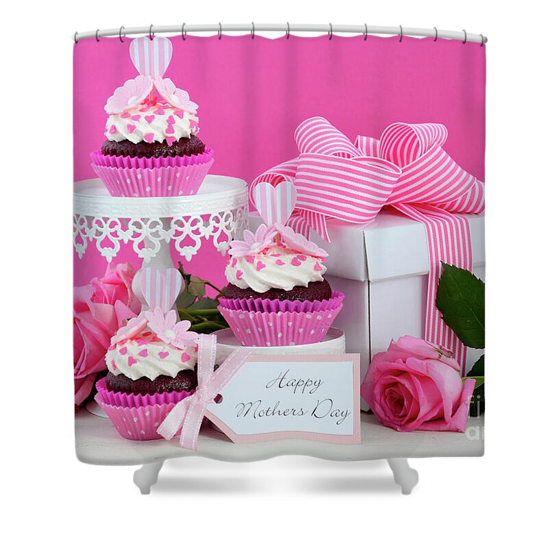 Background Shower Curtain featuring the photograph Happy Mothers Day pink and white cupcakes. #5 by Milleflore Images