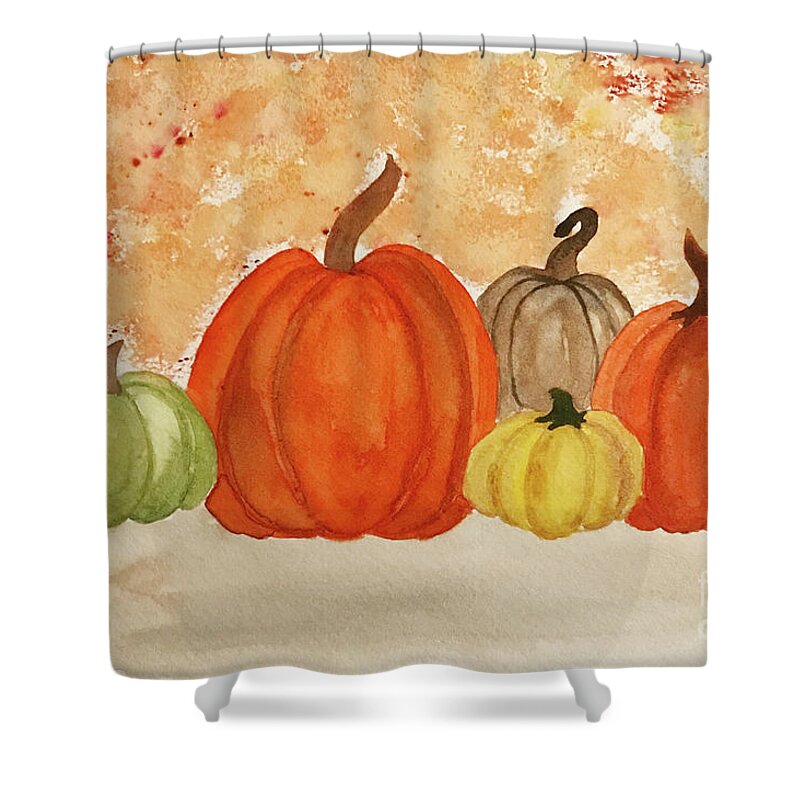 Pumpkins Shower Curtain featuring the painting 5 Pumpkins by Lisa Neuman