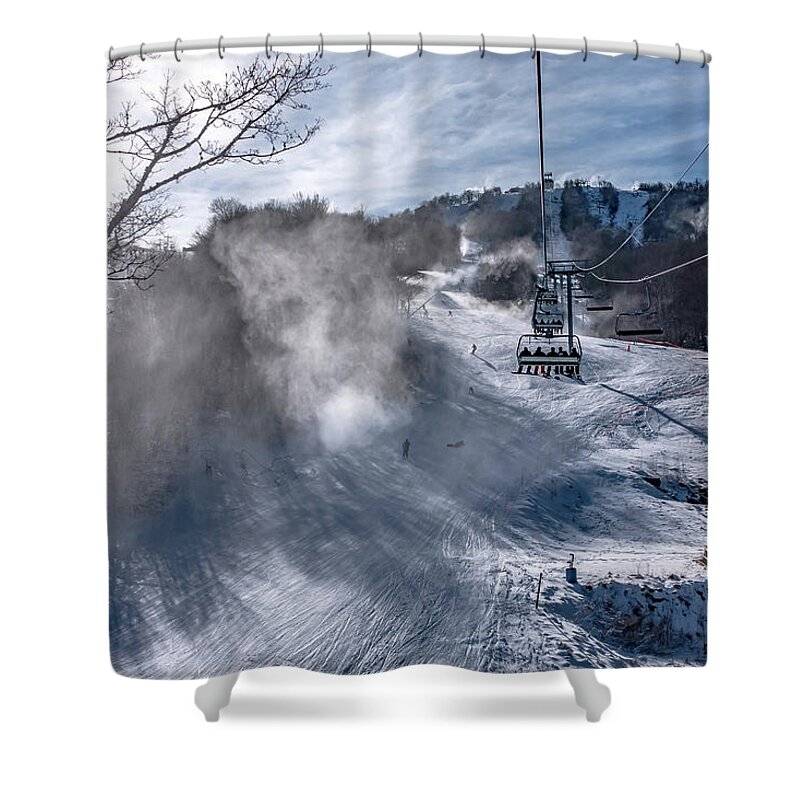 Sun Shower Curtain featuring the photograph Skiing At The North Carolina Skiing Resort In February #5 by Alex Grichenko