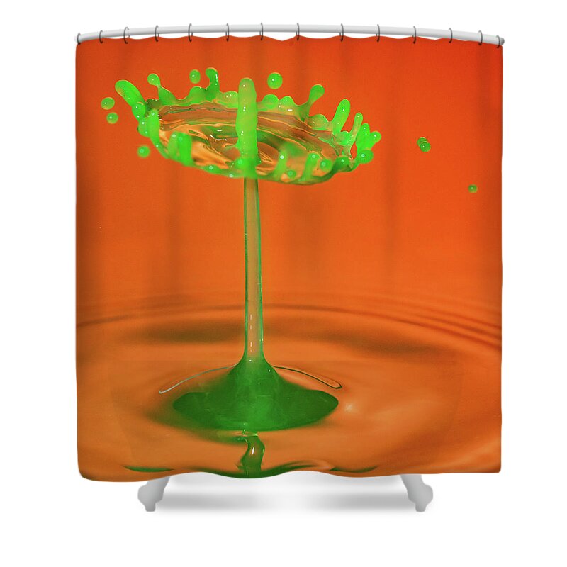 Waterdrop Shower Curtain featuring the photograph Water drop falling onto column of water #5 by Steven Heap