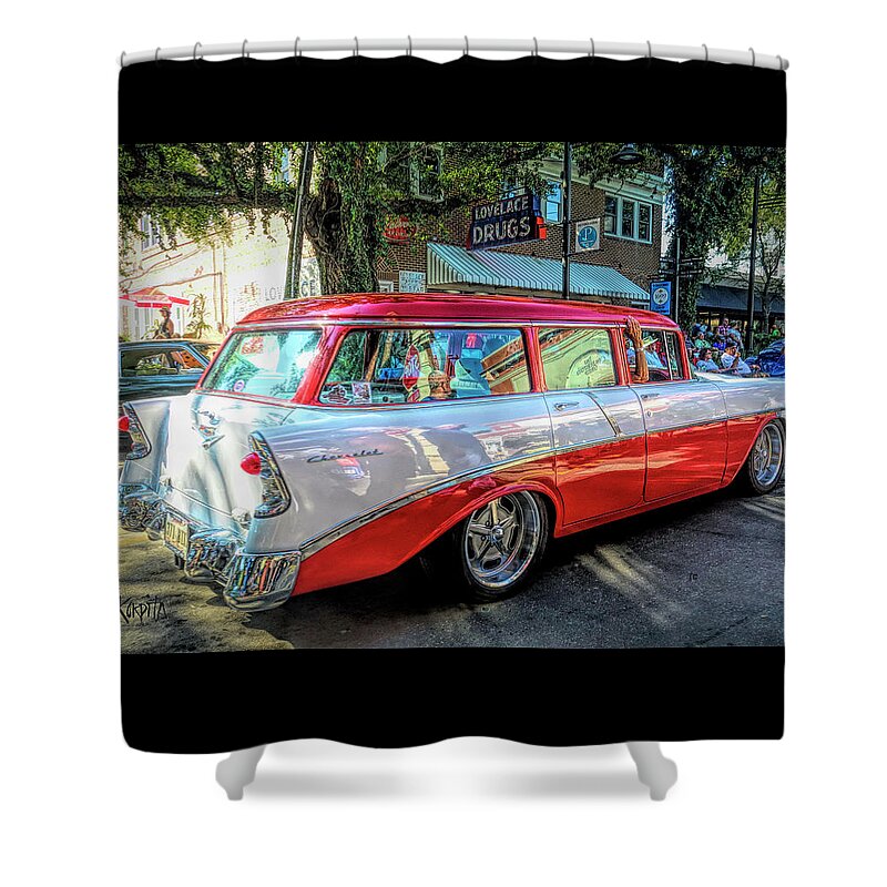 56 Chevy Station Wagon Shower Curtain featuring the digital art 56 Chevy Station Wagon - Cruising the Coast by Rebecca Korpita