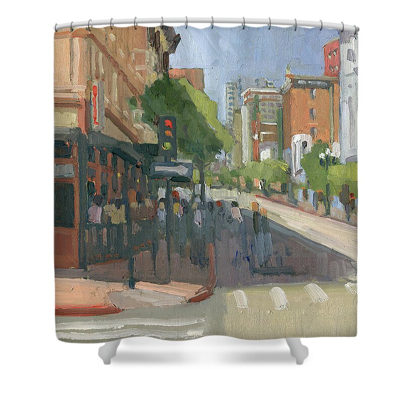 Gaslamp Shower Curtain featuring the painting 5th and G, In the Gaslamp District, San Diego by Paul Strahm