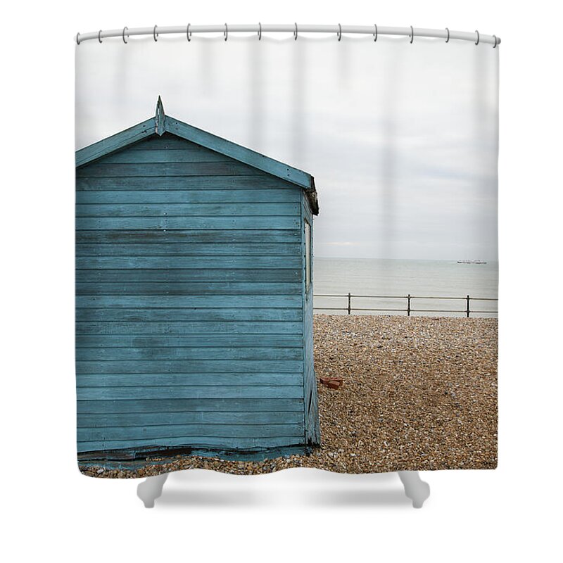 Kingsdown Shower Curtain featuring the photograph Beach hut at Kingsdown #6 by Ian Middleton