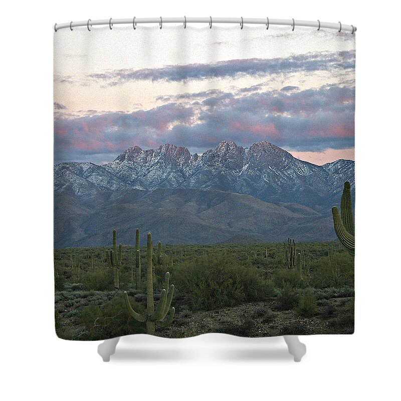 Mountains Shower Curtain featuring the photograph Four Peaks Sunset Snow by Matalyn Gardner