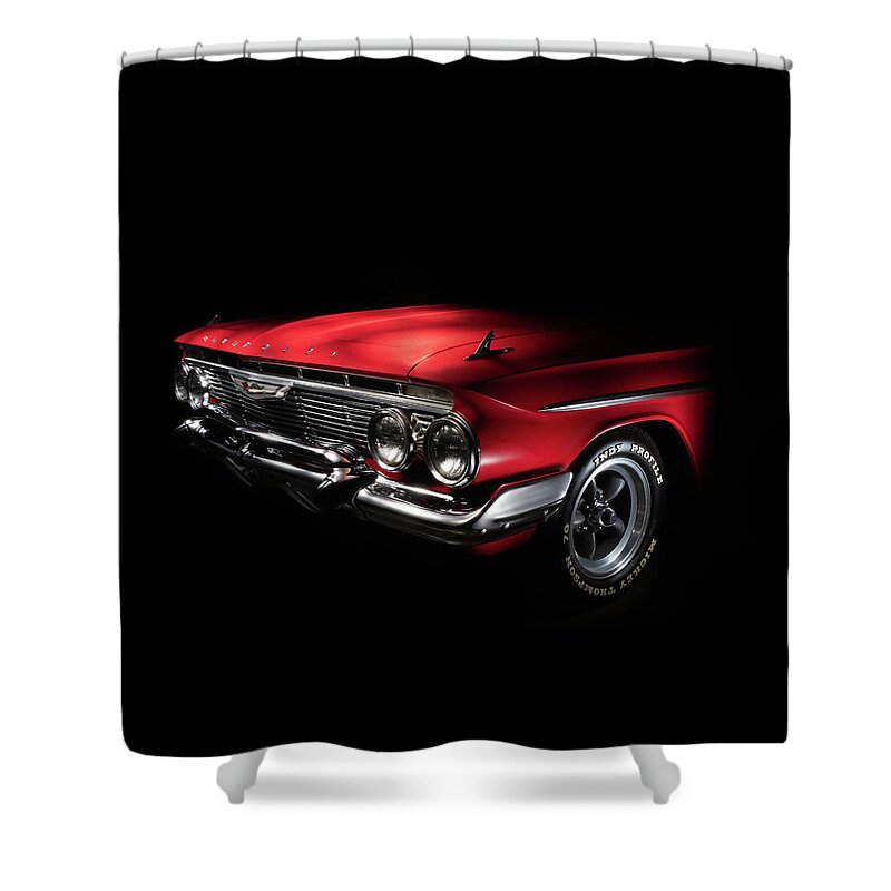 Chevrolet Shower Curtain featuring the photograph '61 Impala Three Qtr #61 by Douglas Pittman