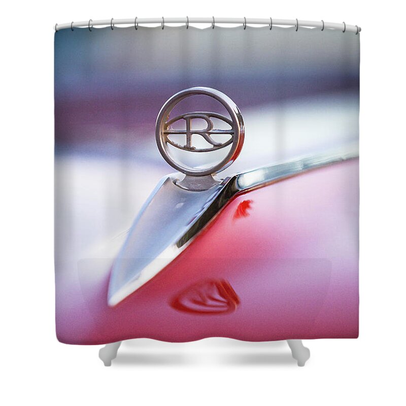 Buick Shower Curtain featuring the photograph '65 Riviera Hood Ornament #65 by Dennis Hedberg
