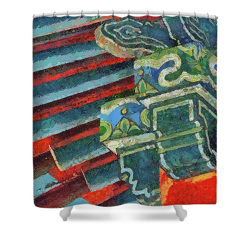 Architecture Shower Curtain featuring the mixed media 668 Red Roof Rib Pattern Little Wild Goose Pagoda, Xian, China by Richard Neuman Architectural Gifts