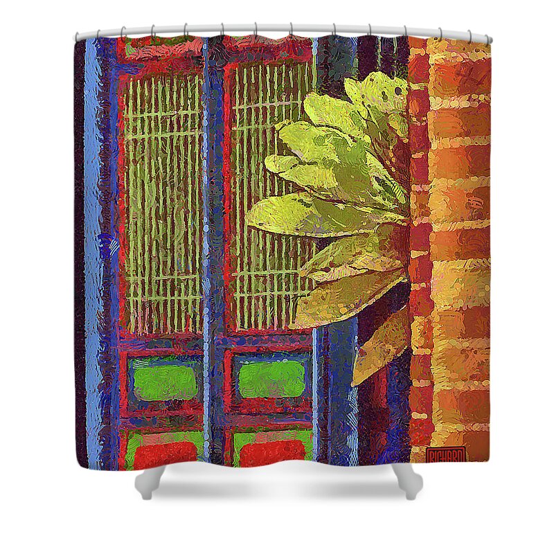 Abstract Shower Curtain featuring the mixed media 677 Architectural Color Riot, Youth Activity Center, Kenting, Taiwan by Richard Neuman Architectural Gifts