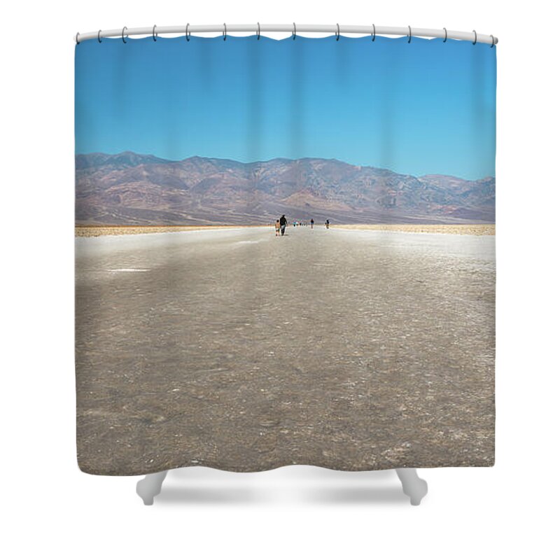 Arid Climate Shower Curtain featuring the photograph Badwater Basin in Death Valley National Park, California #7 by Hanna Tor