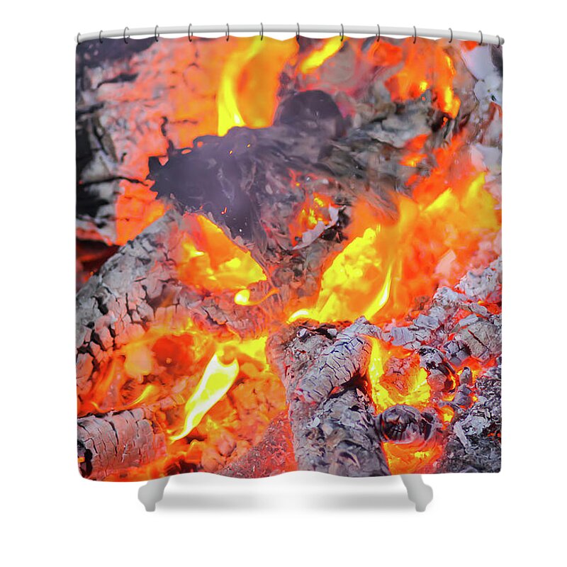 Bonfire Shower Curtain featuring the photograph Bonfire at a camp in summer evening outdoors #7 by Olga Strogonova