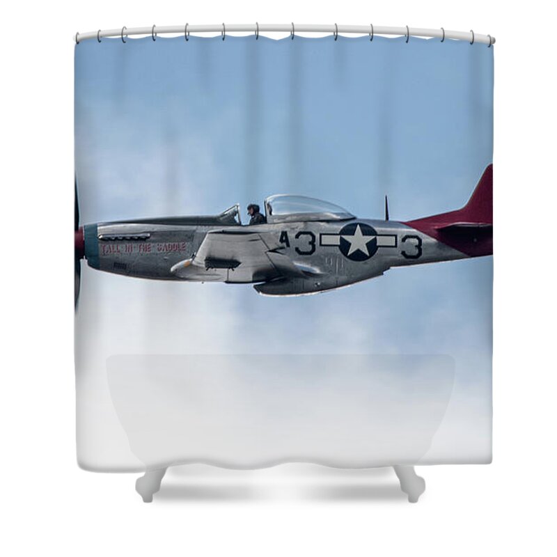 P51 Mustang Shower Curtain featuring the photograph P51 Mustang Tall In The Saddle by Airpower Art