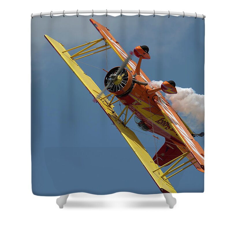Red Shower Curtain featuring the photograph Red and Yellow Airplane #8 by Carolyn Hutchins