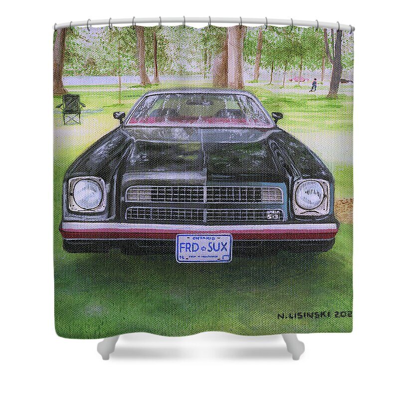 Automotive Art Shower Curtain featuring the painting '76 Chevy Laguna #76 by Norb Lisinski