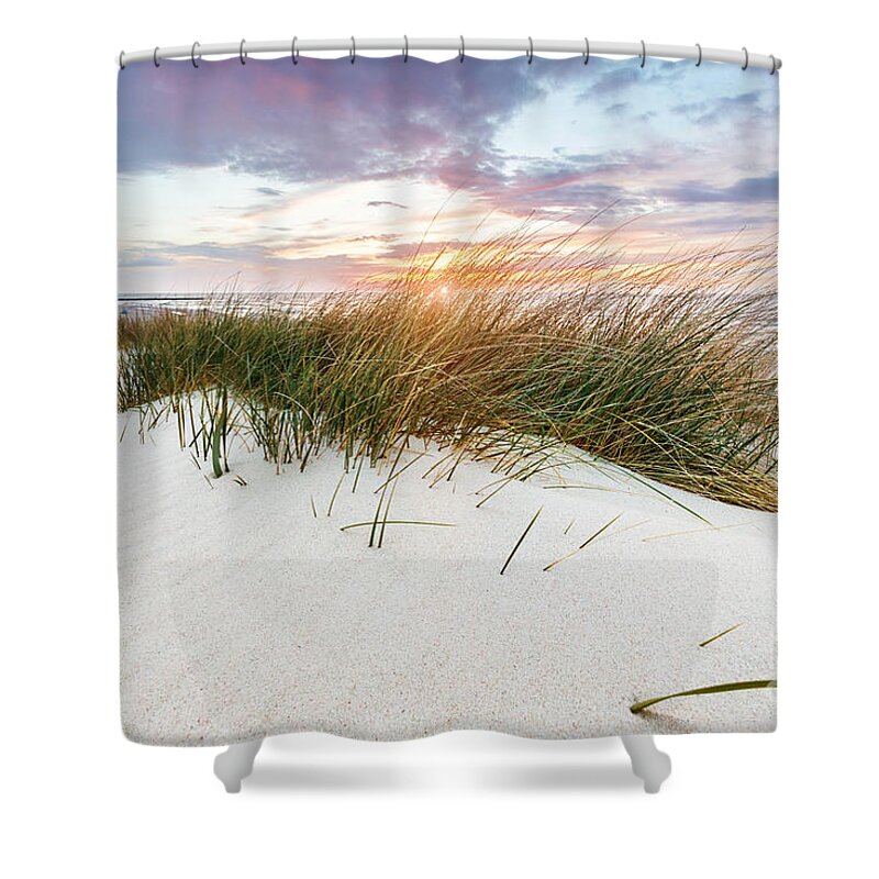 Sea Shower Curtain featuring the photograph Beach grass on dune, Baltic sea at sunset #8 by Michal Bednarek