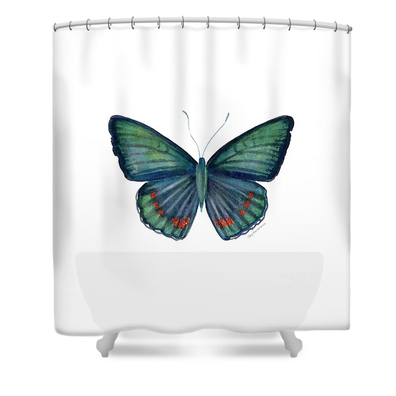Teal Green Butterfly Shower Curtain featuring the painting 82 Bellona Butterfly by Amy Kirkpatrick